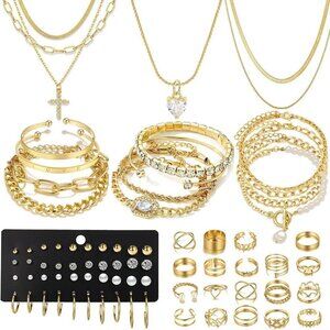 Gold Jewelry Set 57pcs Alloy Necklaces Bracelets Rings Earrings Gift for Women